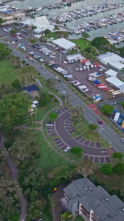 Mooloolaba Beach and marina aerial view at dusk, Sunshine Coast Queensland Stock Footage 334785997