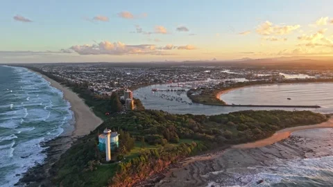 Mooloolah River mouth and Point Cartwright sunrise aerial panorama, Sunshin.. Video stock 333445649