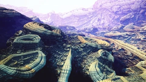 Moon-like, ancient, alien craters, canyons in violet, sandy yellow. 3D fractals Stock-Footage 130185775