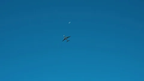 Moon And Airplane At The Sky. Stock Footage 112254633