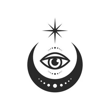Moon and all-seeing eye line art element isolated. Esoteric composition of Stock Illustration