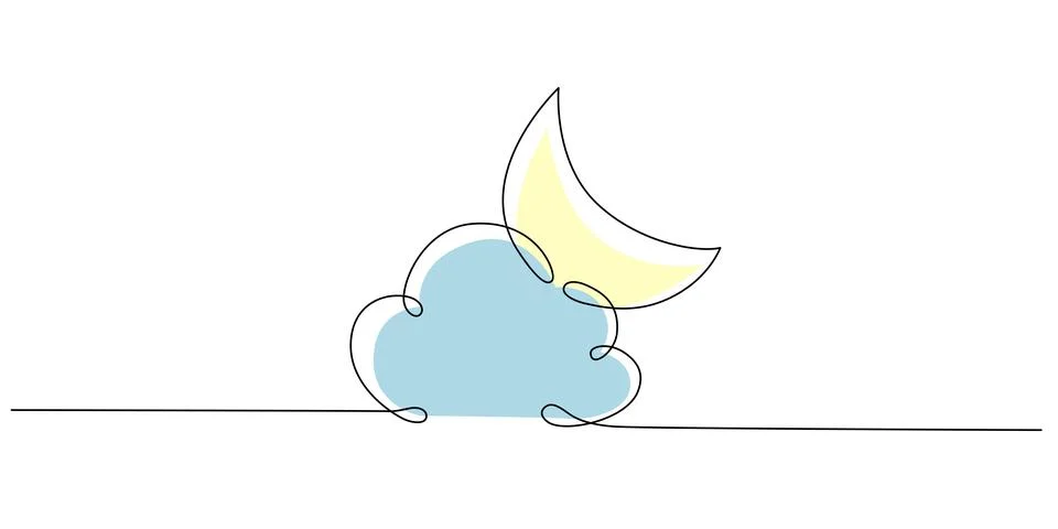 Moon and cloud - hand drawing one single continuous line banner. Vector stock Stock Illustration