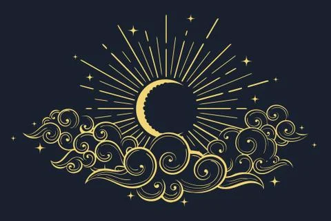 Moon and Clouds at Midnight Drawn in Oriental Style Stock Illustration