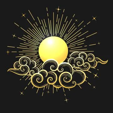 Moon and Clouds at Midnight Drawn in Oriental Style Stock Illustration