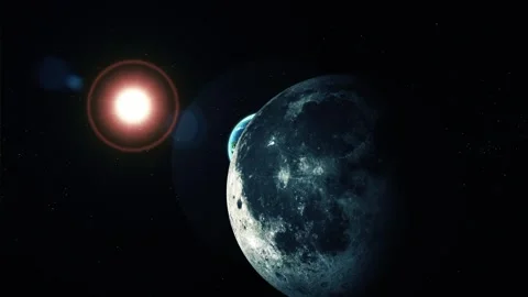 Moon and earth in deep space with bright sun light and lens flare Stock Footage 337080267