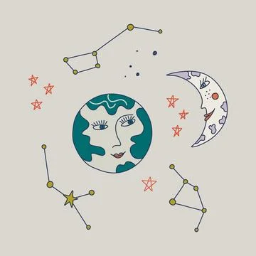 Moon and Earth faces. Doodle space print in groovy style. Stock Illustration