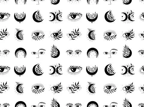 Moon and evil eye seamless pattern authentic sign.Astrology boho witch symbol Stock Illustration