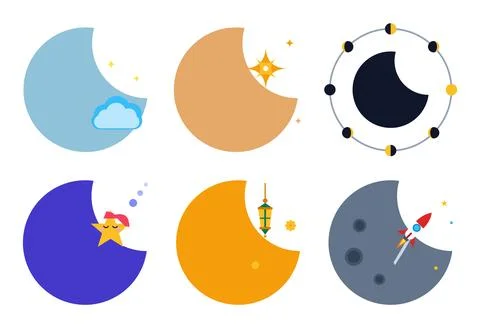Moon and Night Sky Element, Flat Vector Design Stock Illustration