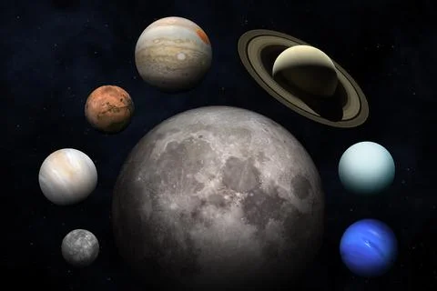 Moon and planets of the Solar system. Conjunction concept. Fotos Stock