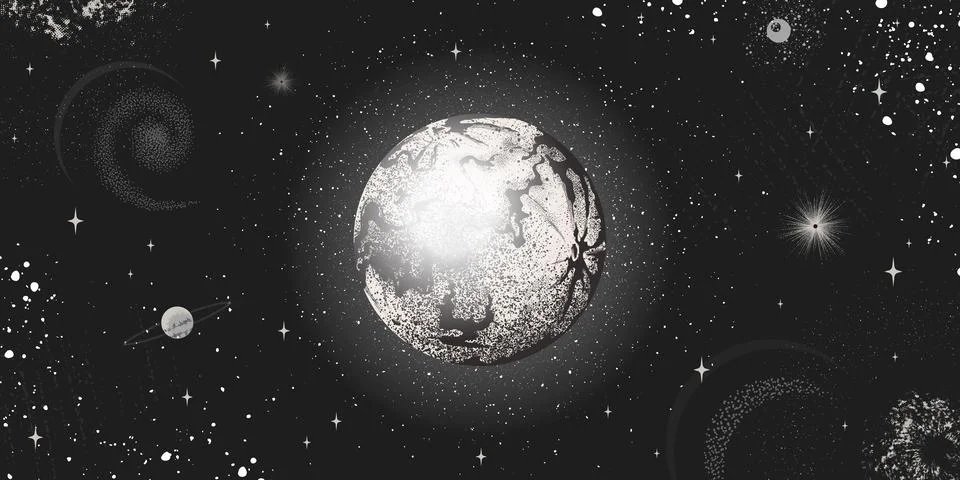 Moon and planets. Space background. Astrology sketch. Occult art with sun galaxy Stock Illustration