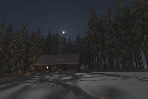 Moon and shadows over the winter cabin 8K Stock Footage 243517599