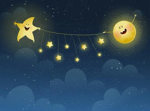Moon and Star Holding Garland of Stars in Cosmos Stock Illustration