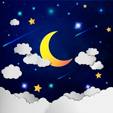 Moon and stars in the clouds. Ilustração Stock