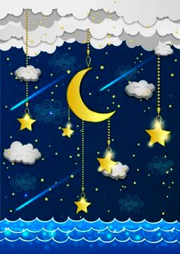 Moon and stars in the clouds. Ilustração Stock