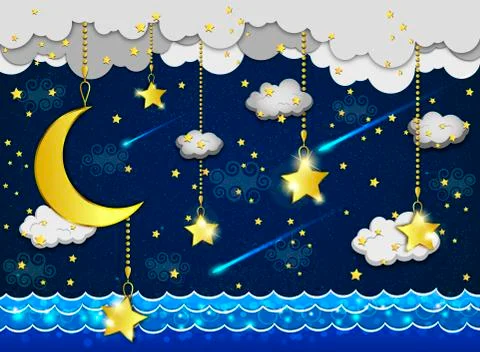 Moon and stars in the clouds. Ilustração Stock
