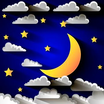 Moon and stars in the clouds. Ilustração Stock