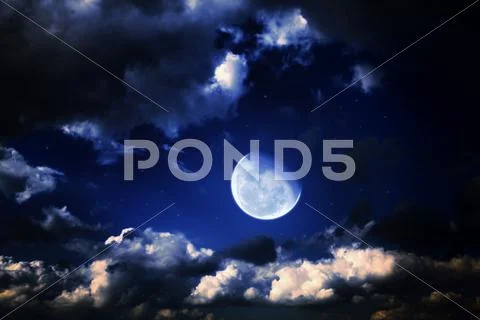 Moon and stars in a cloudy night blue sky Stock Illustration