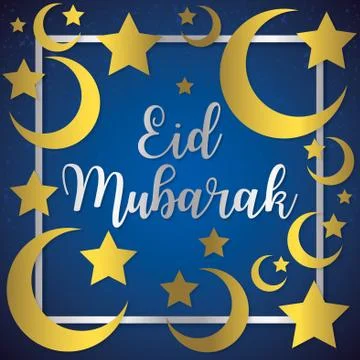 Moon and stars Eid Mubarak (Blessed Eid) card in vector format. Stock Illustration