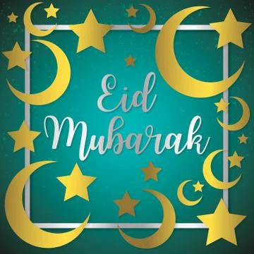 Moon and stars Eid Mubarak (Blessed Eid) card in vector format. Stock Illustration