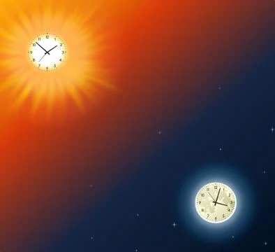 Moon and Sun with clocks at gradient background Illustrazione stock
