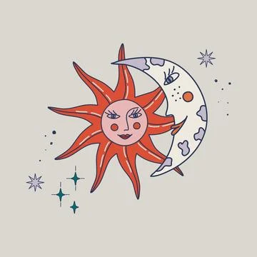 Moon and sun faces. Doodle space print in whimsical boho style. Stock Illustration