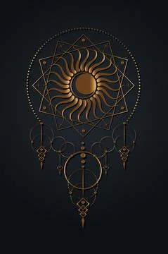 Moon and Sun logo template, Sacred Geometry, boho style, Gold Wicca icon Stock Illustration