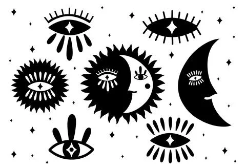 Moon and sun sign set.Celestial sign sky.Evil eye esoteric nature boho style. Stock Illustration