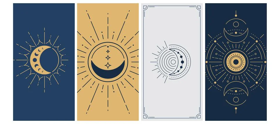 Moon and sun simple vector background in line minimal geometric style. Mystic Stock Illustration