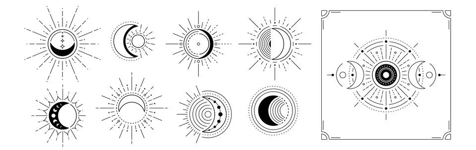 Moon and sun vector logo. Line mystic symbols in minimal flat linear style Stock Illustration