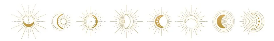 Moon and sun vector logo. Gold line mystic symbol in minimal flat linear style Stock Illustration