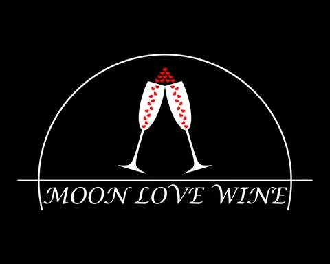 Moon and two wine glasses with hearts inside. They are clink and cheers.  Stock Illustration