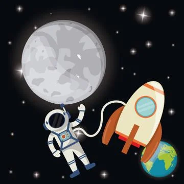 Moon astronaut earth rocket Stock Illustration