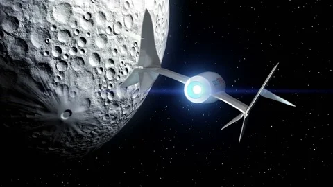Moon on background. Fictional spaceplane flies past natural satellite of Earth. Stockbeeldmateriaal 85066845