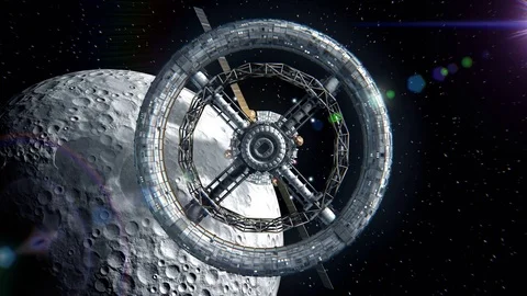 Moon on the background. Flight through the gates of the sci-fi space station Stock Footage 85058677