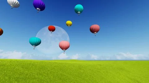 Moon balloons and spring green meadow. Nature composition. 3D rendering. This Stock Illustration