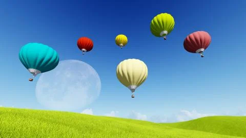 Moon balloons and spring green meadow. Nature composition. 3D rendering. This Stock Illustration