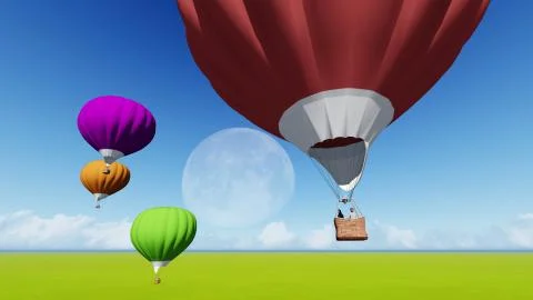 Moon balloons and spring green meadow. Nature composition. 3D rendering. This Stock Illustration