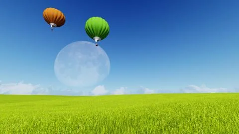 Moon balloons and spring green meadow. Nature composition. 3D rendering. This Stock Illustration