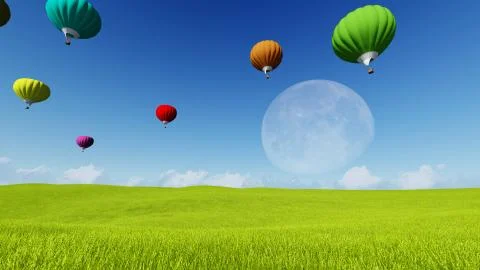 Moon balloons and spring green meadow. Nature composition. 3D rendering. This Stock Illustration