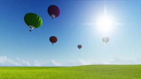 Moon balloons and spring green meadow. Nature composition. 3D rendering. This Stock Illustration