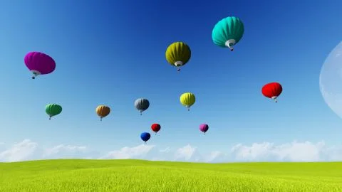Moon balloons and spring green meadow. Nature composition. 3D rendering. This Stock Illustration