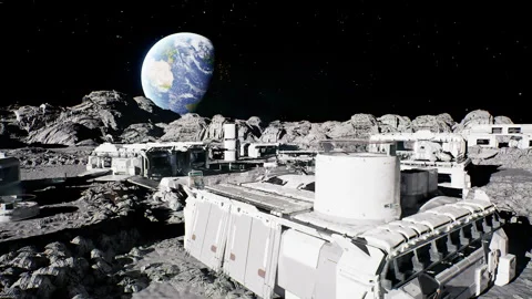 Moon base control panel displaying Earth behind starfilled sky Stock Footage 331526071