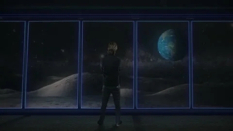Moon Base Inside Man Looking at Earth Planet Zoom In Stock Footage 163364947