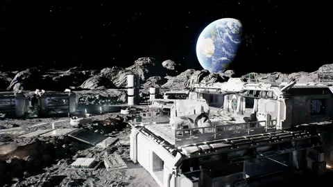 Moon base setup, Moon habitat featuring cargo transfer systems and vehicles Stock Footage 331524177