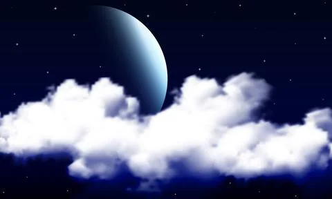 Moon behind clouds in dark starry sky Stock Illustration