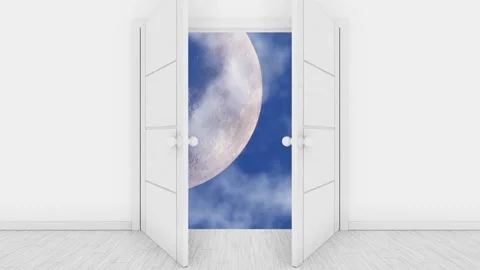Moon in a blue cloudy sky with behind the doorway 3D animation Video stock 150550640
