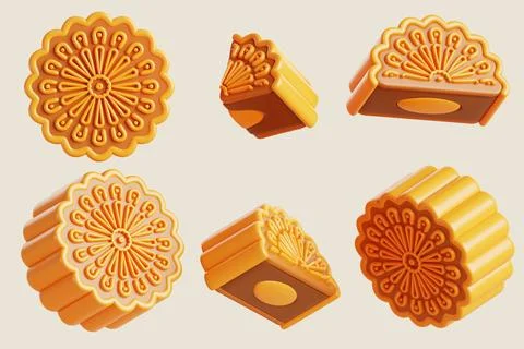 Moon cake set for mid autumn festival design. Asian sweet food with flower Stock Illustration