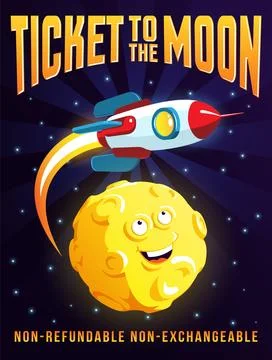 Moon character and a rocket flying above it - cartoon poster Stock Illustration