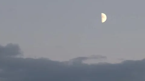 Moon with clouds drifting in the evening sky, first quarter of a waxing moon  Video stock 311056962