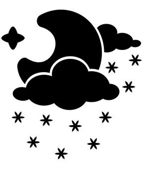 Moon in the clouds with snow and a star nearby - vector silhouette picture Stock Illustration